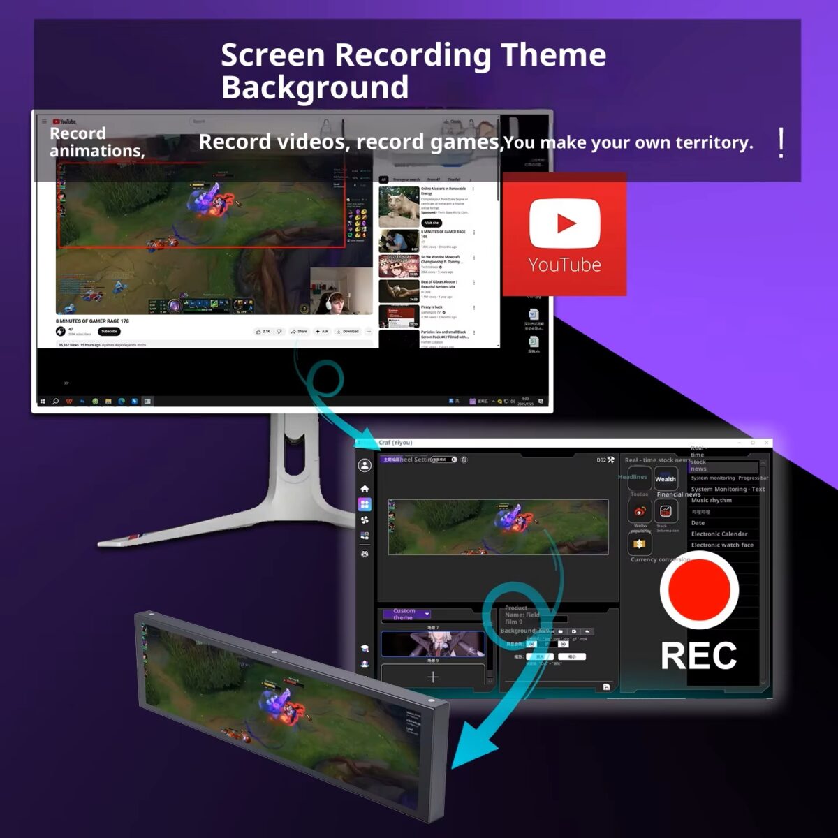 MIRABOX-D92 9.2" LCD SECONDARY SCREEN MINI DISPLAY ON PC CHASSIS Stretched Bar LCD 9.2-Inch Secondary Display for Gaming PC Case With 1920×462 Resolution, Aluminum Alloy Housing, USB Direct Connection, Theme Customization, Screen Rotation, Video Playback Support | BLACK ~ MIRABOX-D92