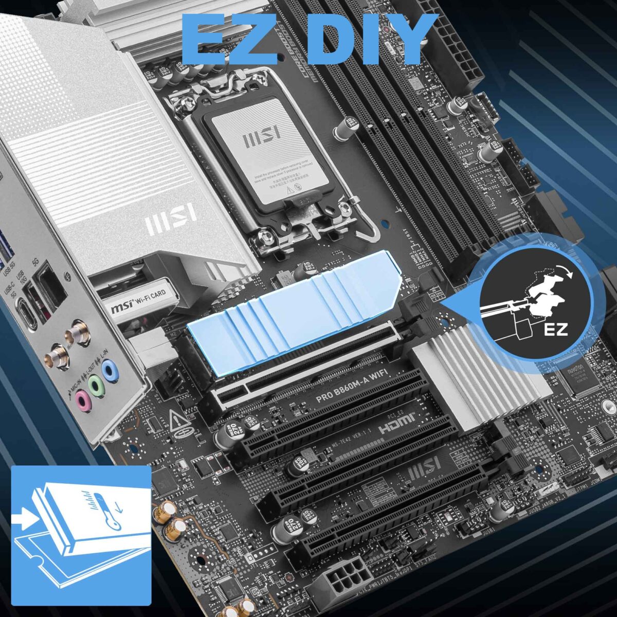 MSI PRO B860M-A WIFI MSI PRO B860M-A WIFI MSI PRO B860M-A WIFI B860 mATX Motherboard - LGA1851 Socket - DDR5 8600+ MT/s - Wi-Fi 7 & 5G LAN - Thunderbolt 4 - PCIe 5.0 M.2 - 12+1+1+1 Power - Intel Core Ultra Series 2 Ready