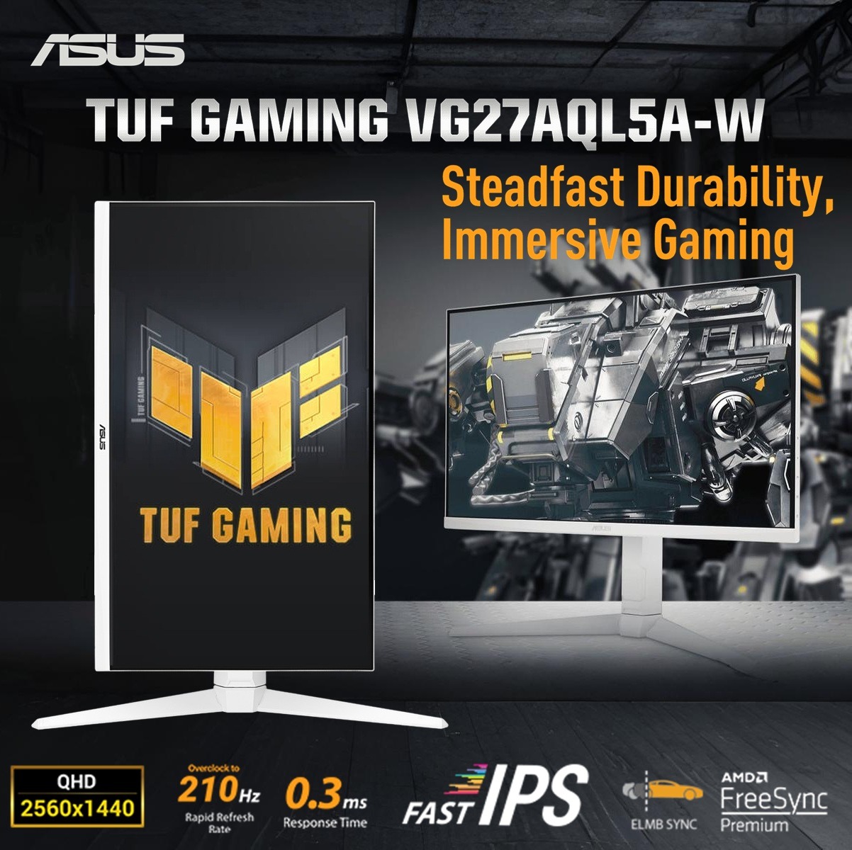 VG27AQL5A-W ASUS TUF Gaming Series 5 - VG27AQL5A White Gaming Monitor – 27-inch, QHD(2560x1440), 210Hz(OC), Fast IPS, ELMB SYNC, 0.3ms GTG (min.), Stereo speaker, DisplayWidget Center, Gaming AI, Height - Tilt - Swivel - Pivot Adjustment