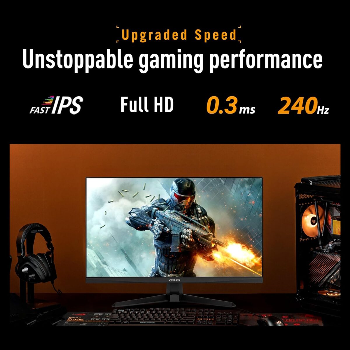 VG249QM5A ASUS TUF Gaming Series 5 VG249QM5A – 23.8-Inch FHD Fast IPS 240Hz Monitor, 0.3ms Response, ELMB SYNC, G-SYNC & FreeSync Premium, HDR10, 99% sRGB, DisplayWidget Center, Gaming AI, Speakers 