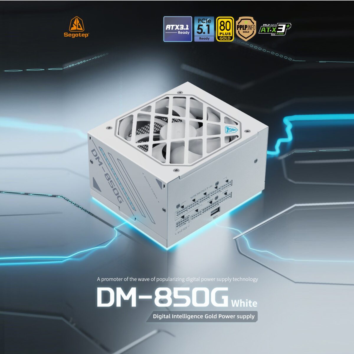 DM-850G-ATX-3.1-WH Segotep DM-850G ATX 3.1 PCIE5 850W PSU - Power Supply 850 Watt 80+ Gold Full Modular Segotep DM-850G 850W Digital Gold Power Supply ATX3.1 PCIe5.1 Ready 80PLUS Gold PPLP Certified Dual-Core MCU AI Monitoring HiMOS USB Blind Plug Compact High-Density Design | WHITE