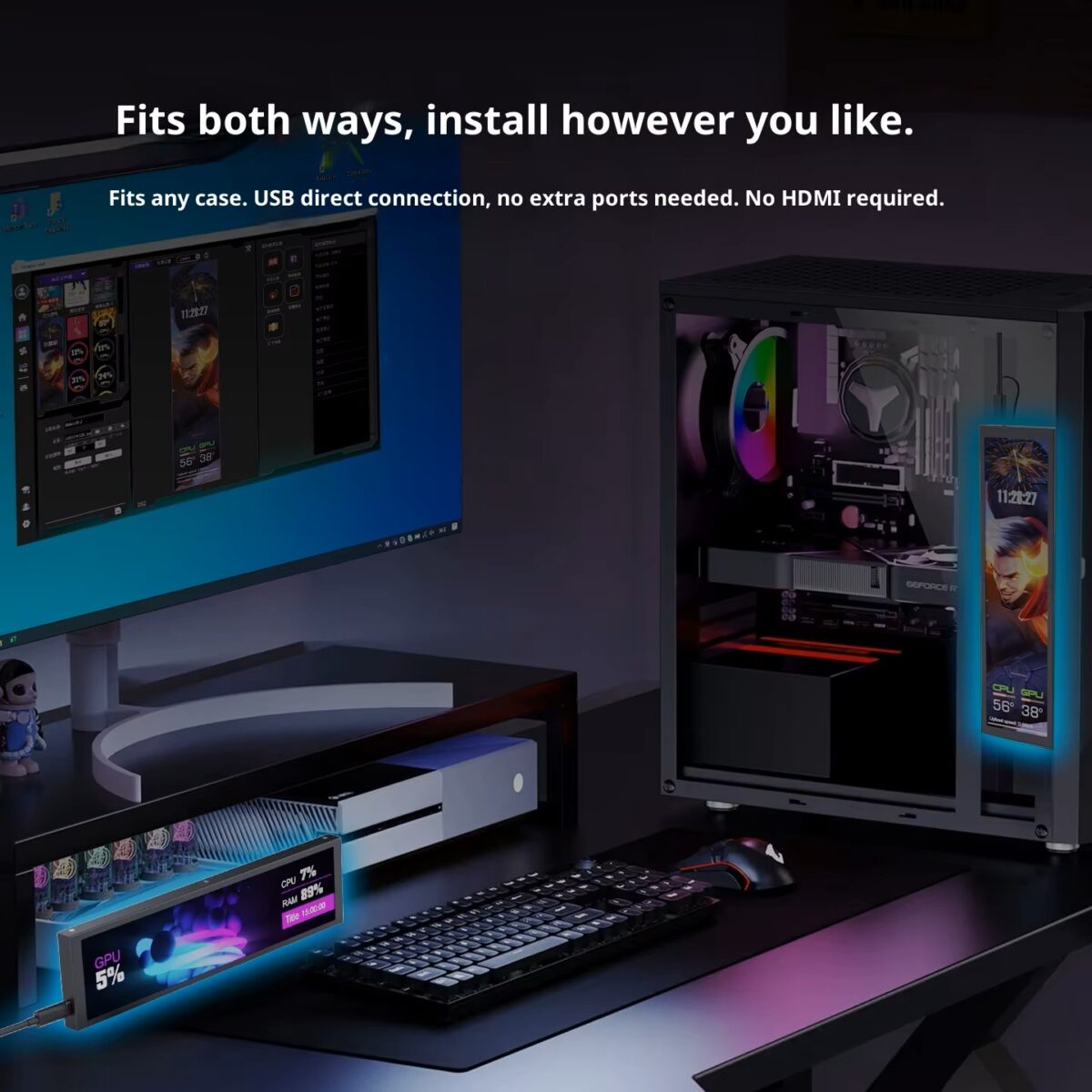 MIRABOX-D92 9.2" LCD SECONDARY SCREEN MINI DISPLAY ON PC CHASSIS Stretched Bar LCD 9.2-Inch Secondary Display for Gaming PC Case With 1920×462 Resolution, Aluminum Alloy Housing, USB Direct Connection, Theme Customization, Screen Rotation, Video Playback Support | BLACK ~ MIRABOX-D92