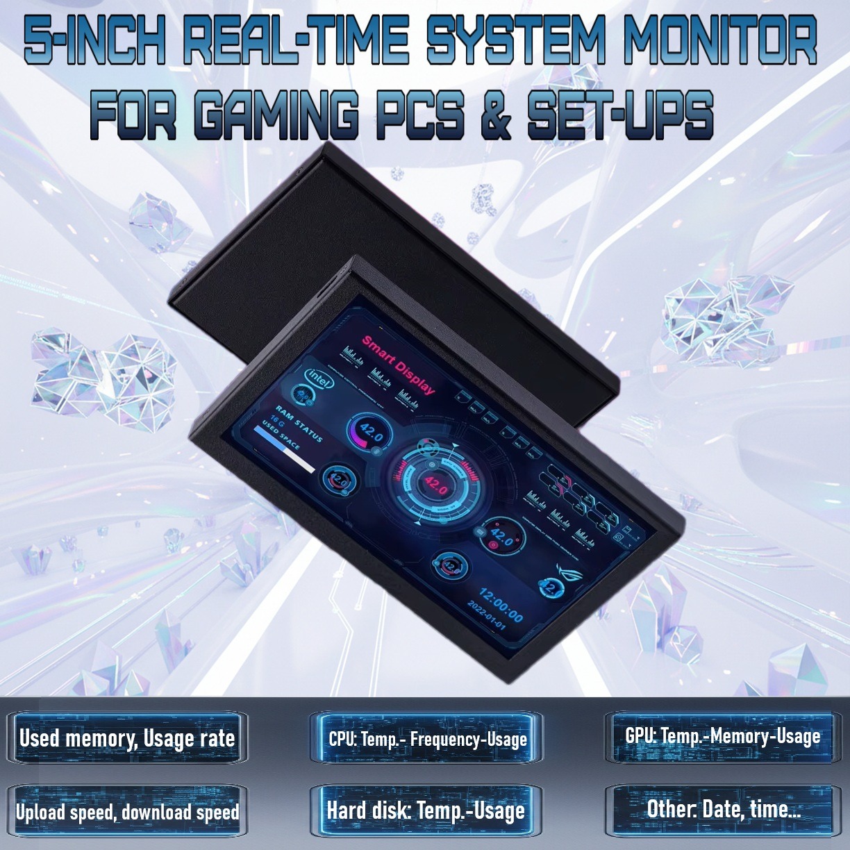 MIRABOX-D5 5" LCD SMART SCREEN MINI DISPLAY Mini 5-inch LCD Secondary Smart Display Real-time System Monitor for Gaming PCs and Set-ups , USB-C Interface , Real-Time News, YouTube Sync, Music Rhythm, 1000+ Themes, Smart Reminders, E-Album, And Multi-Screen Linkage | BLACK ~ MIRABOX-D5 