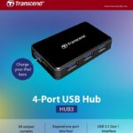 TS-HUB3K TRANSCEND 4 PORT HUB USB 3.1 GEN1 Transcend HUB3 : 4-Port Hub With 2A Fast Charging – USB 3.1 Gen 1 Interface, External Power Adapter, 10x Faster Transfer, LED Indicator, Windows/Mac/Linux Compatible