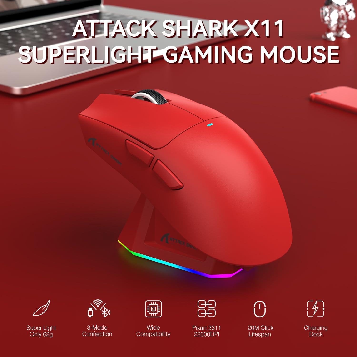 ATTACK SHARK X11 Tri-Mode Gaming Mouse with PAW3311 Sensor, 800–22000 DPI, 5 Programmable Buttons, RGB Charging Dock, Ultralight 62g Ergonomic Design, Wired/2.4G/Bluetooth