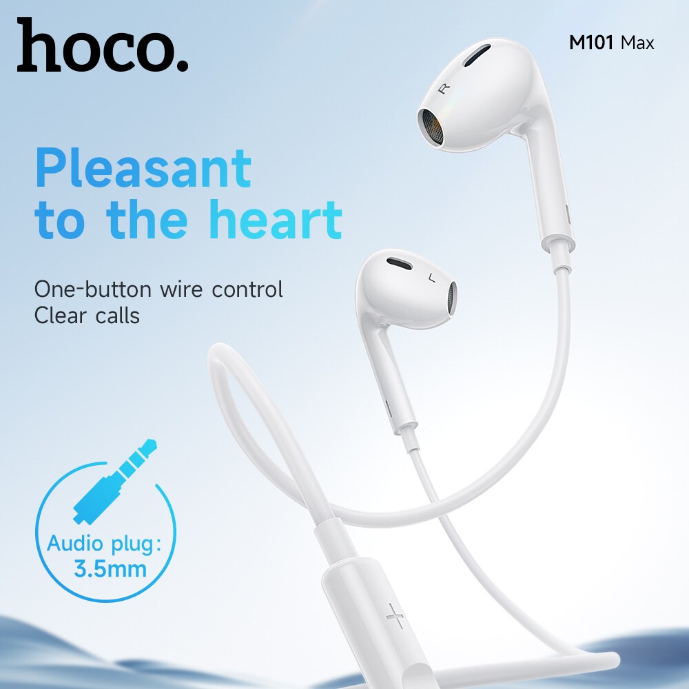 Hoco M101 Pro Crystal Joy Wired Earphones with Microphone – 14mm Drivers, Wire Control with Volume, 3.5mm Audio Jack, ABS+TPE Build, 1.2m Cable, Lightweight 29g Design, White