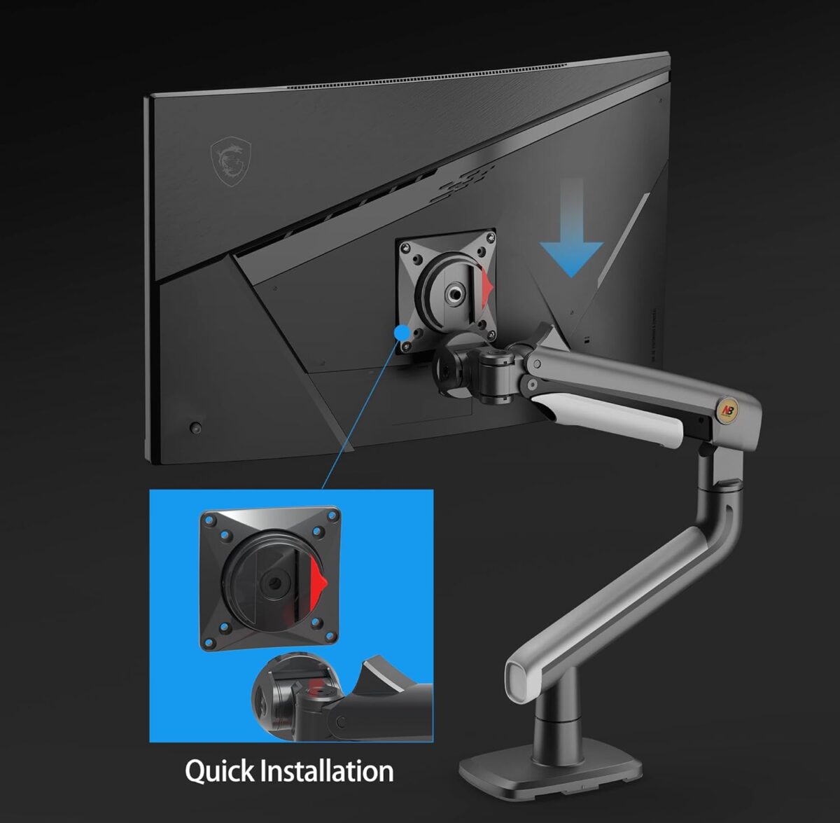NB-A5 NB A5 Gaming Monitor Arm – Supports 27" to 50" NB A5 Gaming Monitor Arm For 27″–50″ For  Flat - Ultrawide - Curved Displays ; 18KG Max Load ; 360° Rotation ; Ergonomic Mechanical Spring Arm ; C-Clamp & Grommet Mount With Cable Management