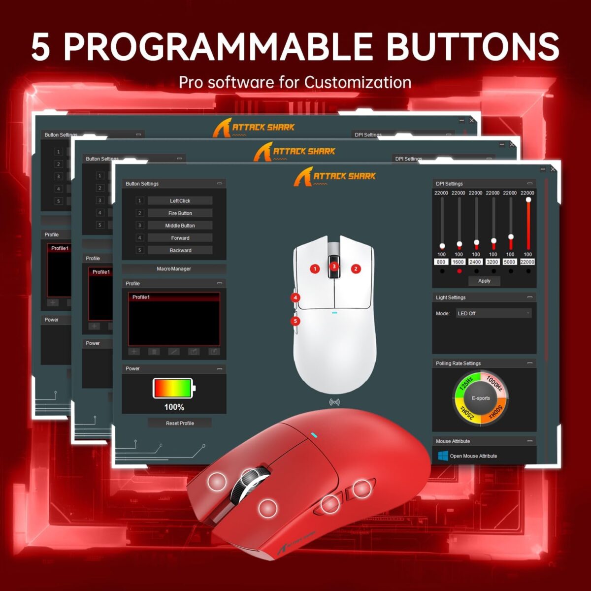 ATTACK SHARK X11 Tri-Mode Gaming Mouse with PAW3311 Sensor, 800–22000 DPI, 5 Programmable Buttons, RGB Charging Dock, Ultralight 62g Ergonomic Design, Wired/2.4G/Bluetooth - Image 8