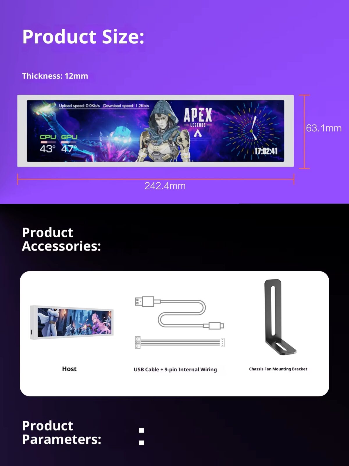 MIRABOX-D92 9.2" LCD SECONDARY SCREEN MINI DISPLAY ON PC CHASSIS Stretched Bar LCD 9.2-Inch Secondary Display for Gaming PC Case With 1920×462 Resolution, Aluminum Alloy Housing, USB Direct Connection, Theme Customization, Screen Rotation, Video Playback Support | BLACK ~ MIRABOX-D92