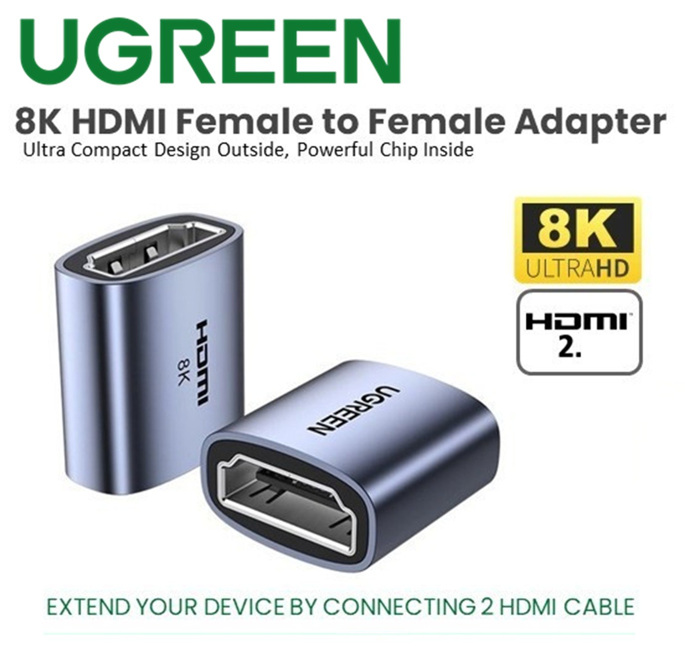 UGREEN-HD159-90592 UGREEN HDMI EXTENDER HDMI TO HDMI 8K UGREEN 8K HDMI Female To Female Extender Adapter –  HDMI 2.1, 8K@60Hz, HDR10+, 3D Support, Up To 10m Extension, Space Gray Aluminum Alloy Build | HD159 90592 
