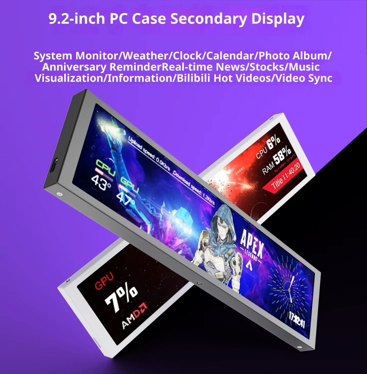 MIRABOX-D92 9.2" LCD SECONDARY SCREEN MINI DISPLAY ON PC CHASSIS Stretched Bar LCD 9.2-Inch Secondary Display for Gaming PC Case With 1920×462 Resolution, Aluminum Alloy Housing, USB Direct Connection, Theme Customization, Screen Rotation, Video Playback Support | BLACK ~ MIRABOX-D92
