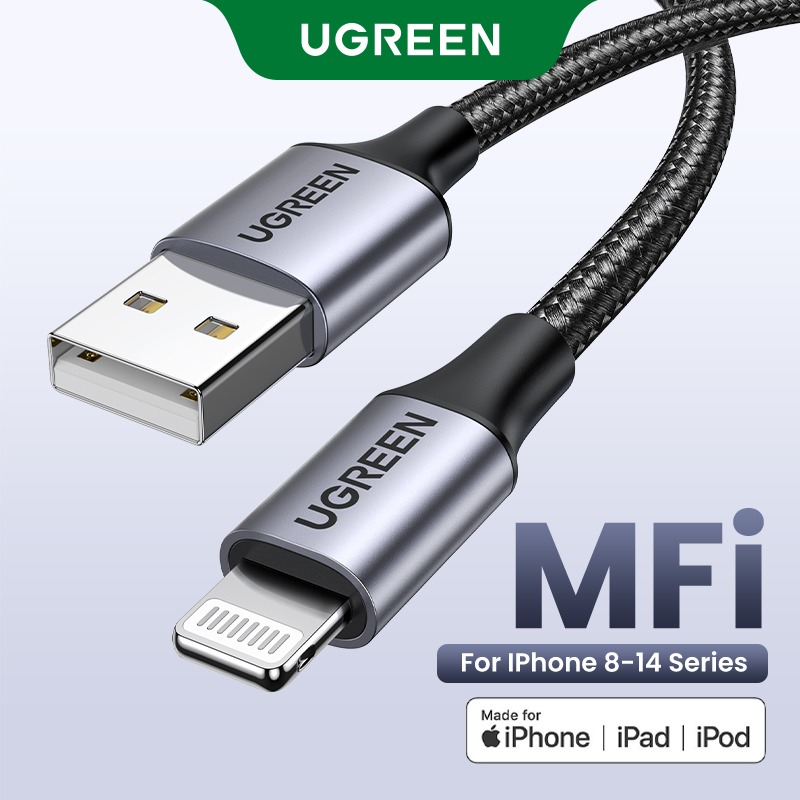 UGREEN MFi Certified Lightning to USB-A Cable 2M (Black) – Fast 5V/2.4A Charging, 480Mbps Sync Speed, Aluminum Alloy Housing, Nylon Braided Design for iPhone, iPad & iPod