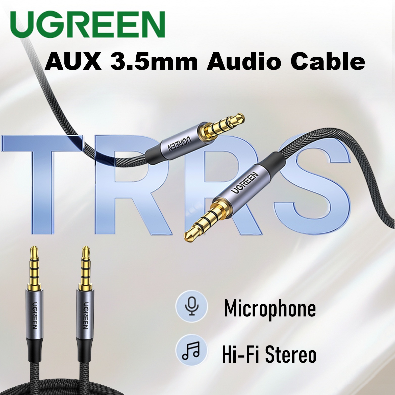 AUX 3.5mm Audio Braided 4-Pole Cable -lci6r UGREEN-90788 UGREEN AUX 3.5MM MALE TO MALE 5M MIC AUDIO UGREEN AUX 3.5mm Audio Braided 4-Pole Cable with TRRS Stereo Aux Jack , 5 meters Hi-Fi Shielded Male-To-Male Cord With Mic Support, Gold-Plated Plugs, Nylon Braid, Universal Compatibility | 90788