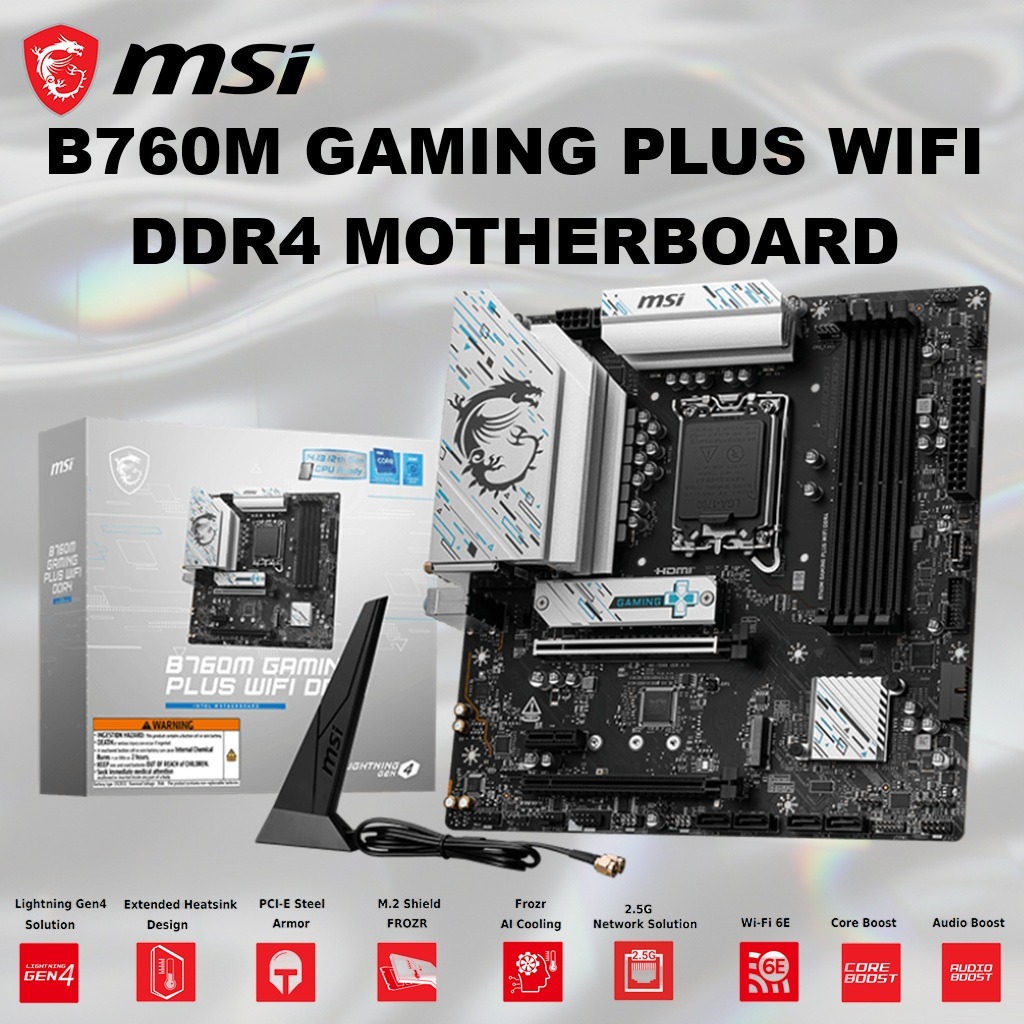 B760M-GAMING-PLUS-WIFI-DDR4 B760M GAMING PLUS WIFI DDR4 MSI B760M Gaming Plus WiFi DDR4 Motherboard – Intel 14th/13th/12th Gen Support, Wi-Fi 6E, 2.5G LAN, PCIe 4.0, Dual M.2, DDR4 5333+ MHz, Audio Boost, mATX, Core Boost Power Design