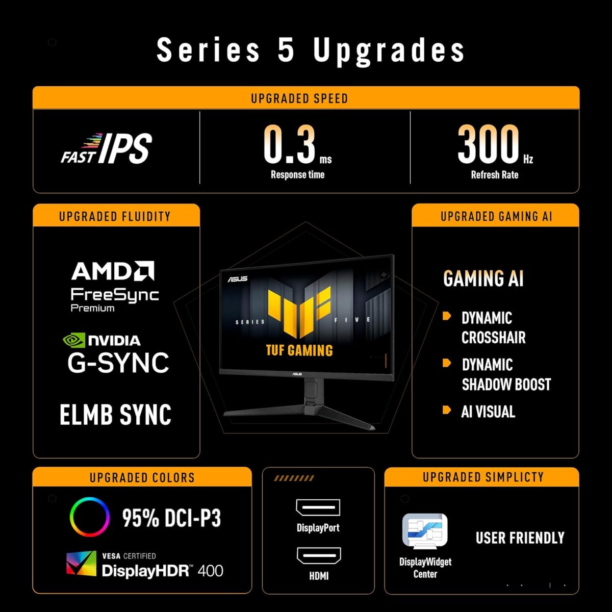 VG27AQML5A TUF Gaming Series 5 - VG27AQML5A Gaming Monitor – 27-inch QHD Fast-IPS panel, 300Hz, 0.3ms , G-SYNC® compatible AMD FreeSync Premium, ELMB SYNC, VESA DisplayHDR 400, 95% DCI-P3, DisplayWidget Center, Gaming AI , Tilt - Swivel - Pivot - Height Adjustment