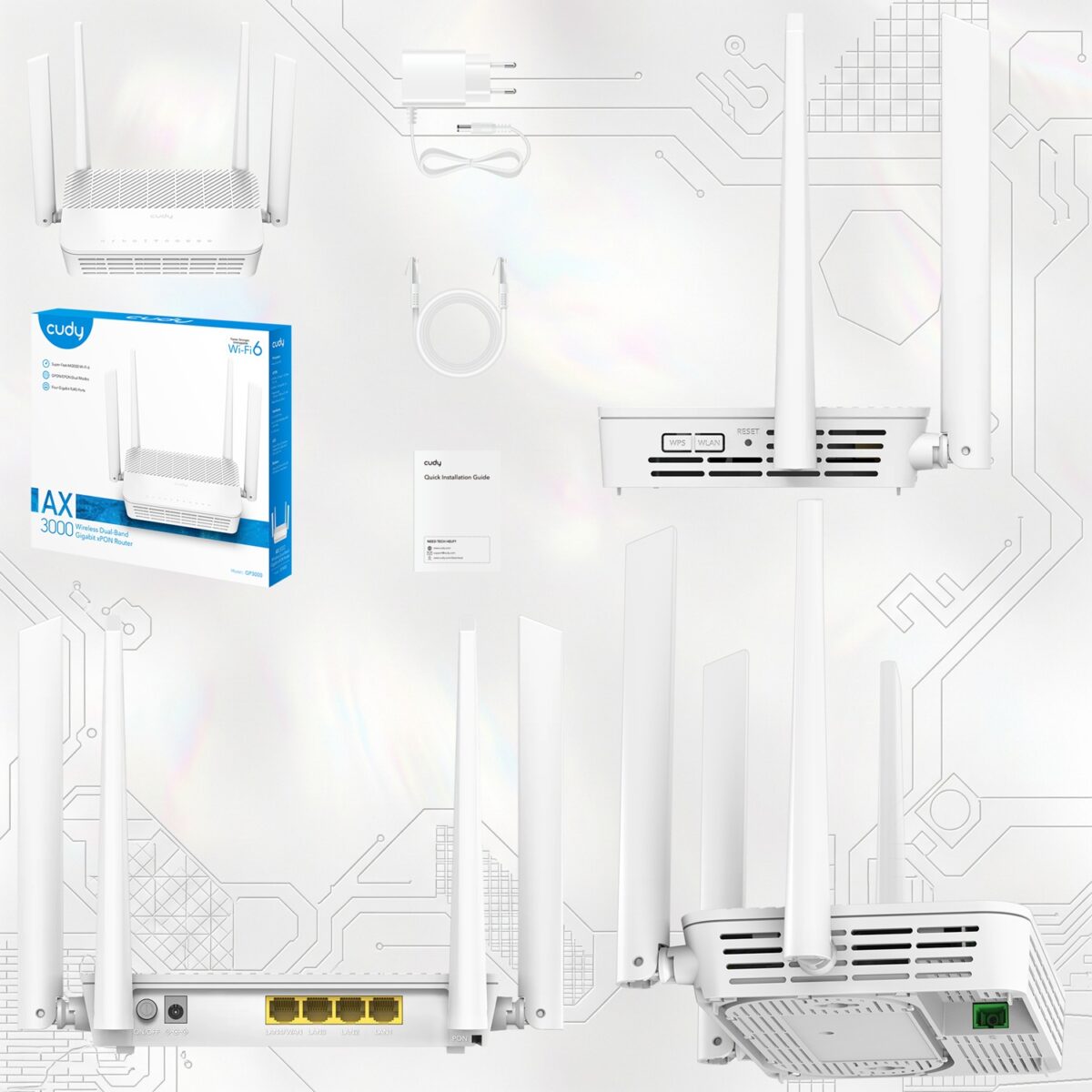 CUDY-GP3000 CUDY GP3000 AX3000 WIRELESS DUAL BAND GIGABIT XPON ROUTER udy GP3000 AX3000 Dual-Band Gigabit xPON Wi-Fi 6 Router – GPON/EPON Dual Mode, EasyMesh, 4× Gigabit Ports, 2.48 Gbps Fiber Speed, IPv6, OMCI, TR069, 160 MHz Channel