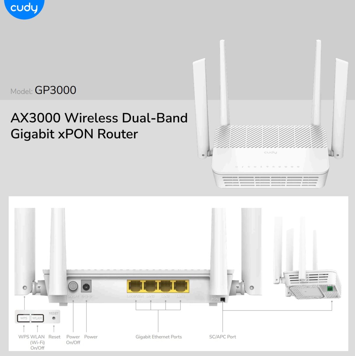 CUDY-GP3000 CUDY GP3000 AX3000 WIRELESS DUAL BAND GIGABIT XPON ROUTER udy GP3000 AX3000 Dual-Band Gigabit xPON Wi-Fi 6 Router – GPON/EPON Dual Mode, EasyMesh, 4× Gigabit Ports, 2.48 Gbps Fiber Speed, IPv6, OMCI, TR069, 160 MHz Channel