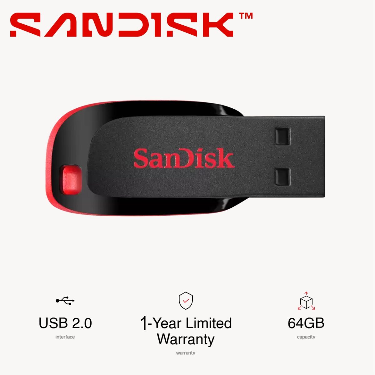 SDCZ50-064G-B35 SANDISK CRUZER BLADE USB 64GB 2.0 FLASH DRIVE SanDisk Cruzer Blade USB Flash Drive 64GB  – Compact Red USB 2.0 Stick With High-Capacity Storage, Drag-And-Drop Backup, And Pocket-Sized Portability | SDCZ50-064G-B35