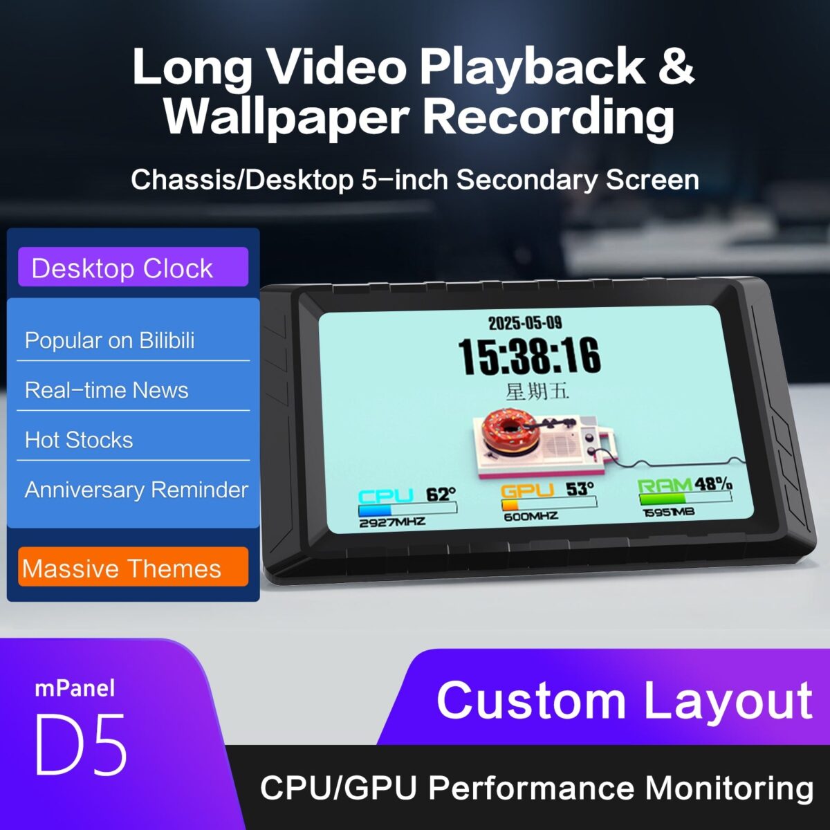 MIRABOX-D5 5" LCD SMART SCREEN MINI DISPLAY Mini 5-inch LCD Secondary Smart Display Real-time System Monitor for Gaming PCs and Set-ups , USB-C Interface , Real-Time News, YouTube Sync, Music Rhythm, 1000+ Themes, Smart Reminders, E-Album, And Multi-Screen Linkage | BLACK ~ MIRABOX-D5 