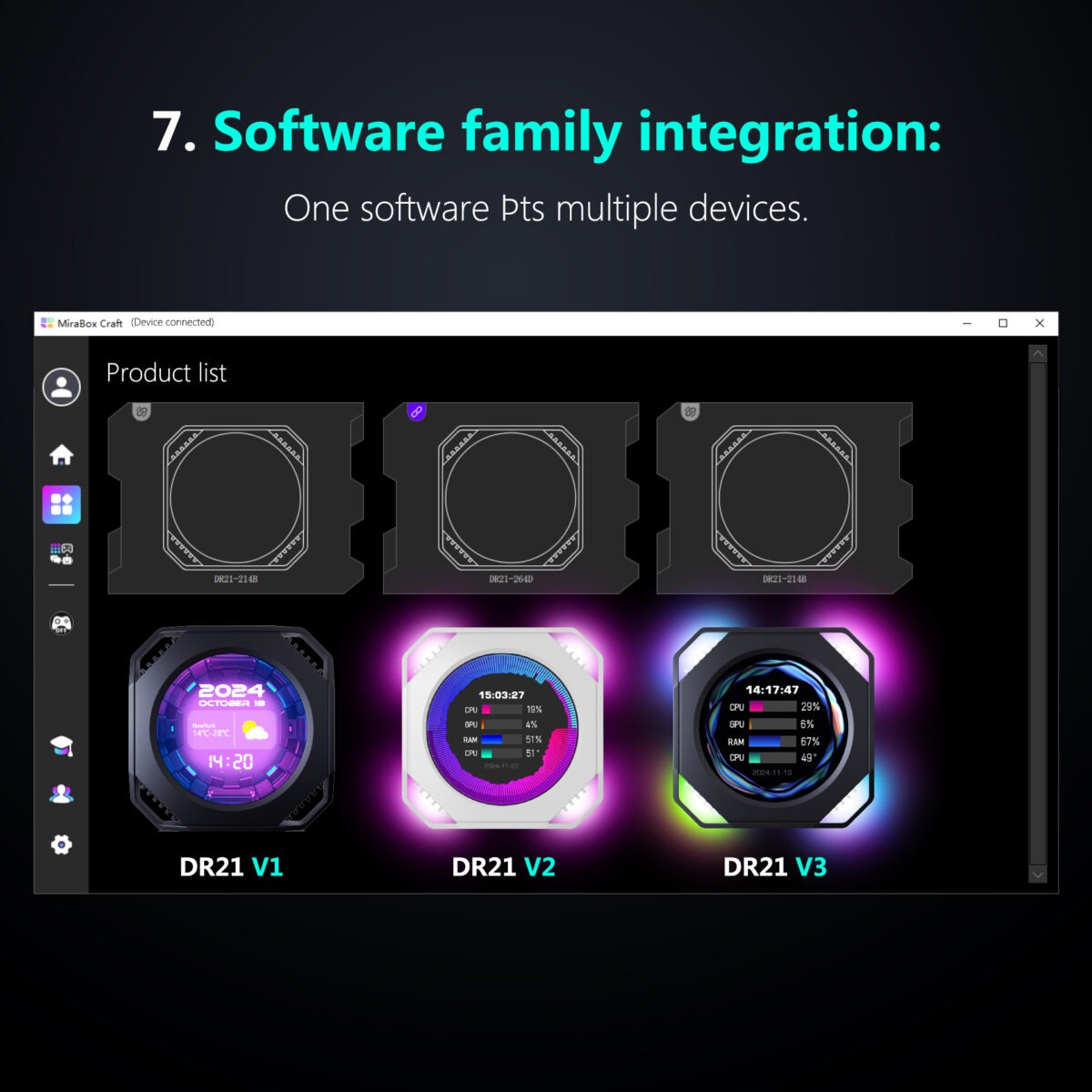 MIRABOX-DR21 2.1" LCD SECONDARY SCREEN MINI DISPLAY DR21 Mini Screen 2.1-Inch Type-C LCD Water-Cooling Auxiliary Display With 480×480 Resolution, USB One-Wire Link, IPS Metal Build, 1000+ Themes, Dynamic Video, DIY Carousel & Win7+ Support | BLACK ~ MIRABOX-DR21 
