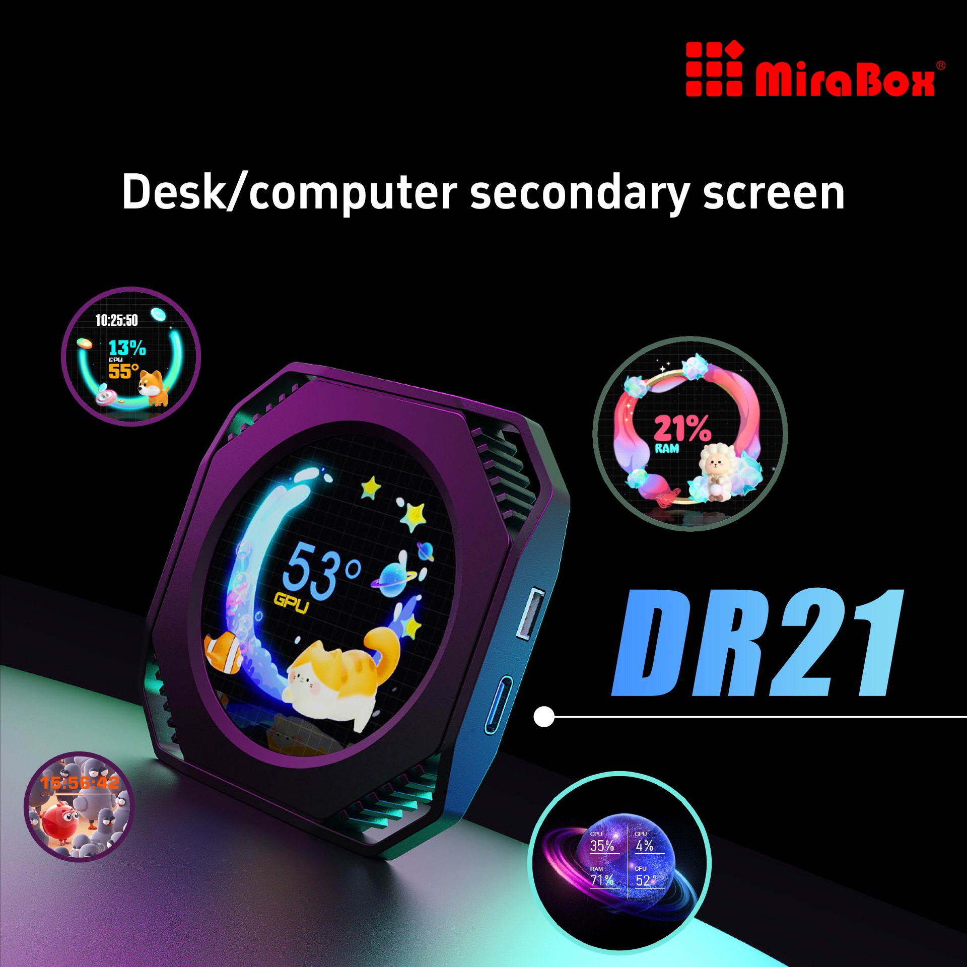 MIRABOX-DR21 2.1" LCD SECONDARY SCREEN MINI DISPLAY DR21 Mini Screen 2.1-Inch Type-C LCD Water-Cooling Auxiliary Display With 480×480 Resolution, USB One-Wire Link, IPS Metal Build, 1000+ Themes, Dynamic Video, DIY Carousel & Win7+ Support | BLACK ~ MIRABOX-DR21 