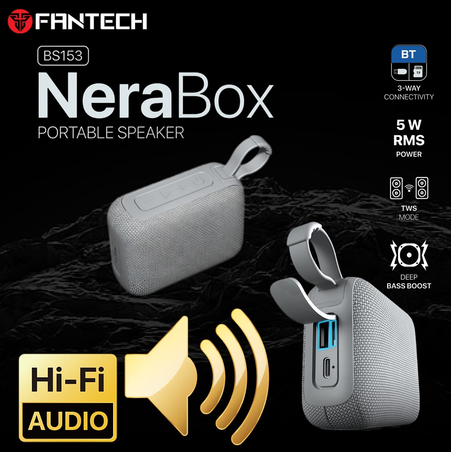 FANTECH-BS153-GREY Fantech Nerabox Bs153 Wireless Speaker Bluetooth 5.4/5W Rms/Tws Mode/Usb & Tf Card Support Fantech NeraBox BS153 Portable Speaker With 3-Way Connectivity, TWS Stereo Mode, Deep Bass, 5W RMS Output, 1200mAh Battery, Passive Radiator, USB-C, TF Card, And USB Flash Drive Support | GREY