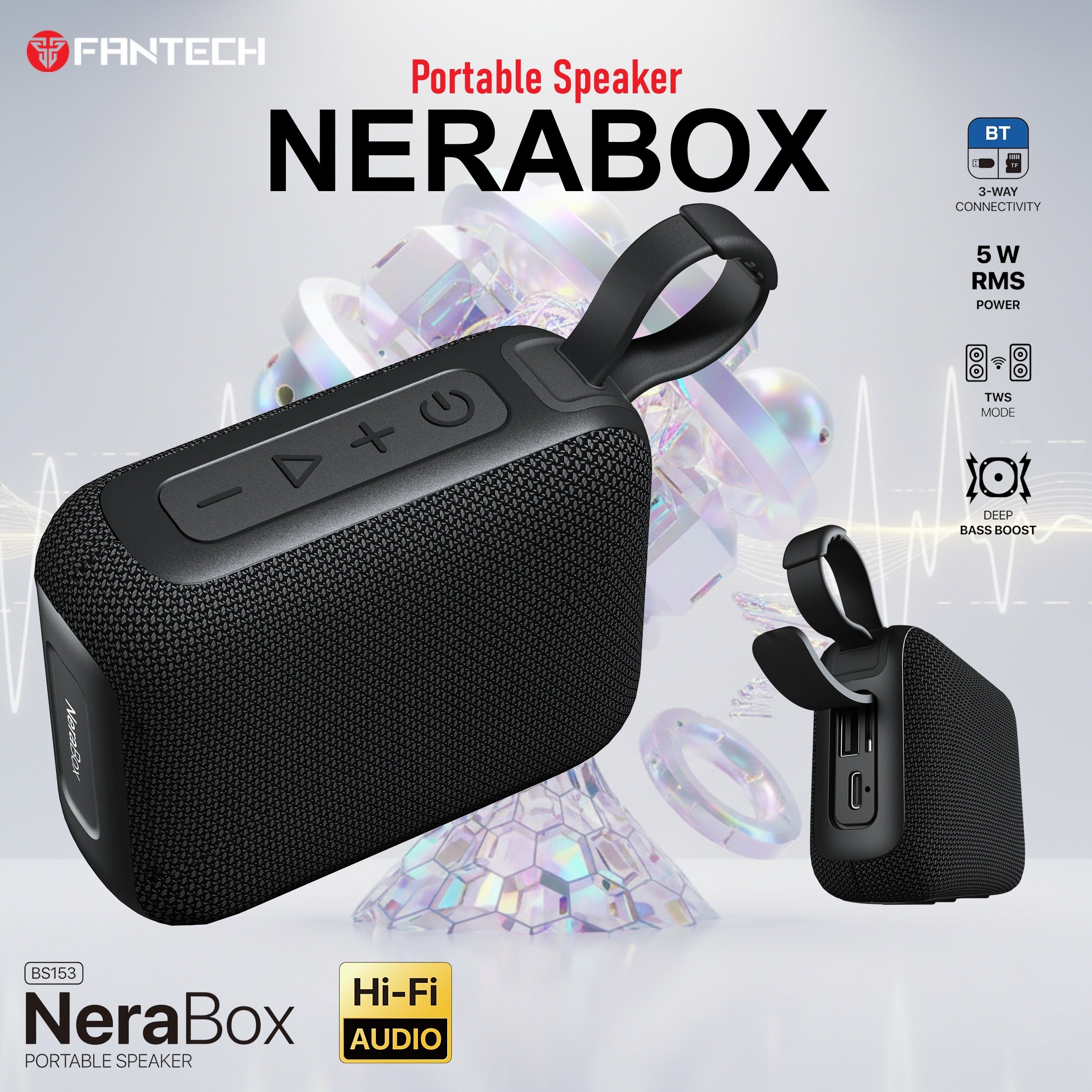 FANTECH-BS153-BLACK Fantech Nerabox Bs153 Wireless Speaker Bluetooth 5.4/5W Rms/Tws Mode/Usb & Tf Card Support Fantech NeraBox BS153 Portable Speaker With 3-Way Connectivity, TWS Stereo Mode, Deep Bass, 5W RMS Output, 1200mAh Battery, Passive Radiator, USB-C, TF Card, And USB Flash Drive Support | BLACK 