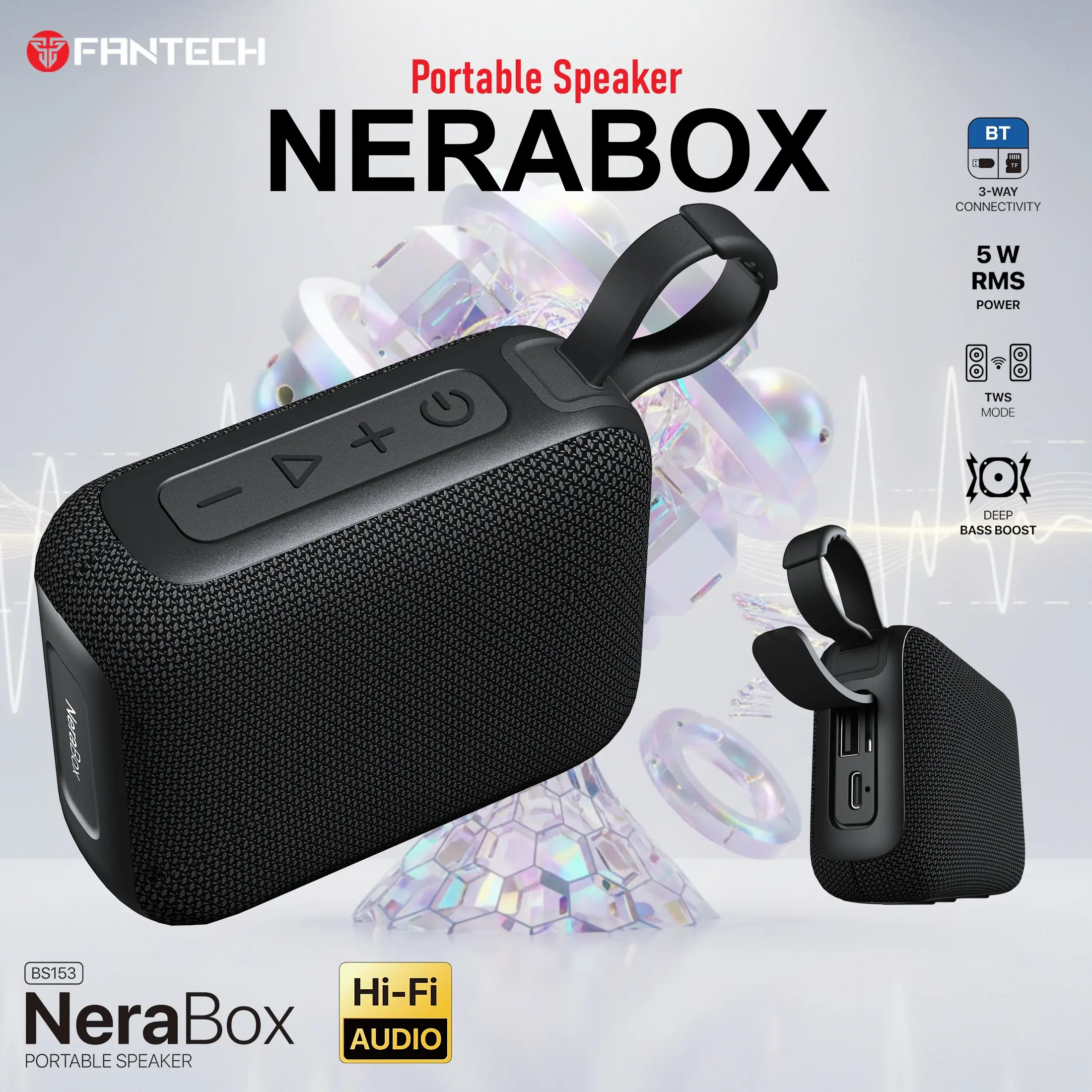 FANTECH-BS153-BLACK Fantech Nerabox Bs153 Wireless Speaker Bluetooth 5.4/5W Rms/Tws Mode/Usb & Tf Card Support Fantech NeraBox BS153 Portable Speaker With 3-Way Connectivity, TWS Stereo Mode, Deep Bass, 5W RMS Output, 1200mAh Battery, Passive Radiator, USB-C, TF Card, And USB Flash Drive Support | BLACK 