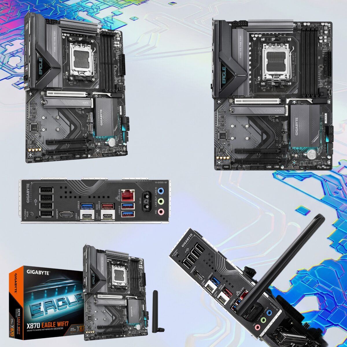 9MX87EG7-00-G11 GIGABYTE X870 EAGLE WIFI 7 AM5 MOTHERBOARD PCIE 5.0 GIGABYTE X870 EAGLE WIFI7 ATX Motherboard , AMD AM5 DDR5 ,  8200 MT/s OC , PCIe 5.0 M.2 , Dual USB4 Type-C , Wi-Fi 7 & 2.5GbE LAN , AORUS AI Snatch , EZ-Latch Plus , RGB Fusion for AMD Ryzen 9000 / 8000 / 7000 Series Processors