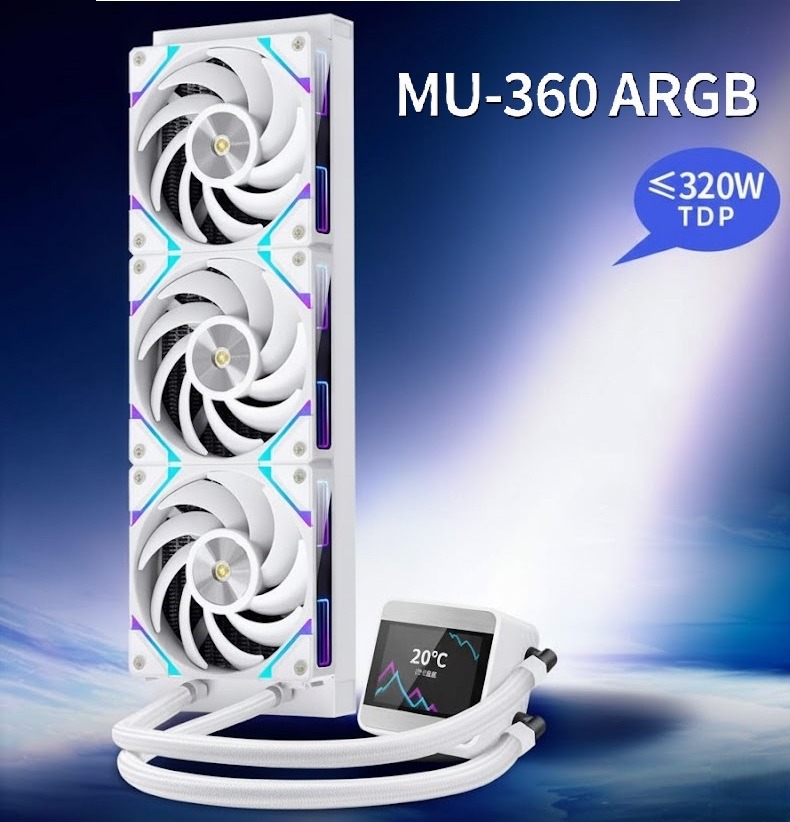 SEGOTEP MU360 Liquid Cooler White 360mm AIO with 2.4-inch IPS Digital Display, Modular ARGB Fans, EPDM Tubing, 9-Pole Pump, <320W TDP Support for Intel and AMD Platforms