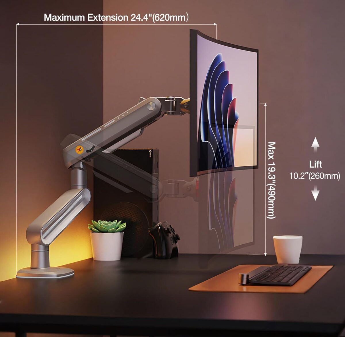 NB-A6 NB A6 Gaming Monitor Arm – Supports 27" to 50" NB A6 Gaming Monitor Arm For 27″–50″ Flat - Ultrawide - Curved Displays ; 18KG Max Load ; 360° Rotation ; Mechanical Spring ; Ergonomic Design ; C-Clamp & Grommet Mount With Cable Management