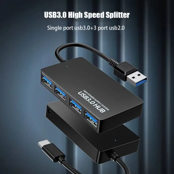 Advanced 4-Port USB 3.0 Hub with Power Adapter – Ultra-Fast 5Gbps Transfer Speed, Backward Compatibility, LED Indicators, Plug & Play Design for Laptops, PCs & Peripherals