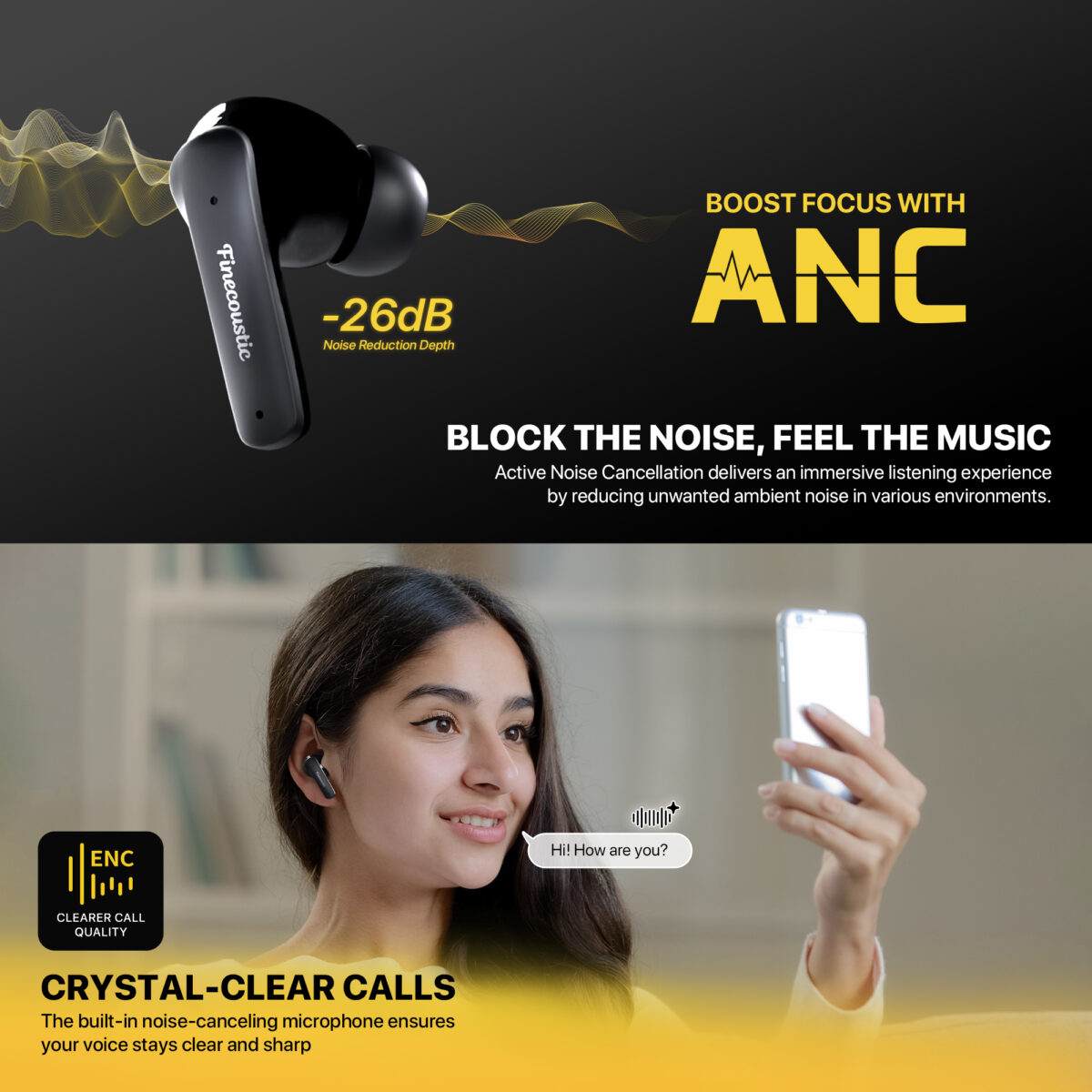 FT20-BLACK FINECOUSTIC EARBUDS GROOVE ANCFT20 TRUE WIRELESS Finecoustic GROOVE ANC FT20 True Wireless Stereo Earbuds — Active Noise Cancelling, Bluetooth 5.3, 13mm Driver, ENC Mic, USB-C Fast Charging, Digital Display, All-Day Battery 