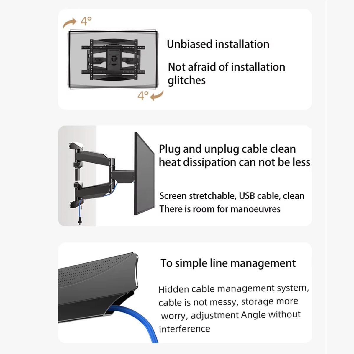NB-P65 NB P65 Bracket TV Swivel HEAVY DUTY 55" - 85" NB P65 Cantilever TV Wall Mount ; Fits 55″–85″ Flat Panels ; Full Motion Tilt +8°/-5°, Swivel 180°, Rotation ±4°, Max Load 68.2 kg, Max Extension 500 mm, Powder-Coated Steel