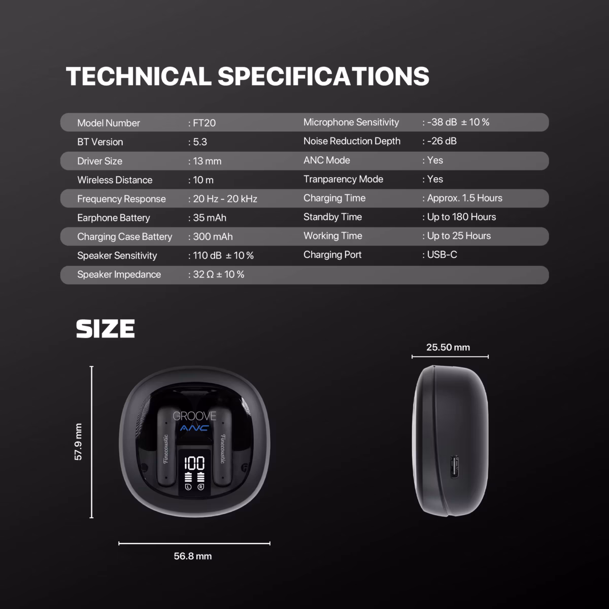 FT20-BLACK FINECOUSTIC EARBUDS GROOVE ANCFT20 TRUE WIRELESS Finecoustic GROOVE ANC FT20 True Wireless Stereo Earbuds — Active Noise Cancelling, Bluetooth 5.3, 13mm Driver, ENC Mic, USB-C Fast Charging, Digital Display, All-Day Battery 