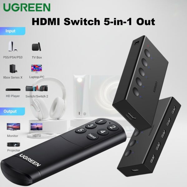 UGREEN-90512 UGREEN 90512 5 IN 1 OUT HDMI SWITCH UGREEN HDMI Switch 5-in-1 Out 4K@60Hz with Remote | HDMI 2.0 Splitter Selector Box | Supports HDR, 3D, CEC, HDCP2.2 | Compatible with PS5/PS4, Xbox, Switch, Roku, Fire Stick, TV, Laptop | 90512