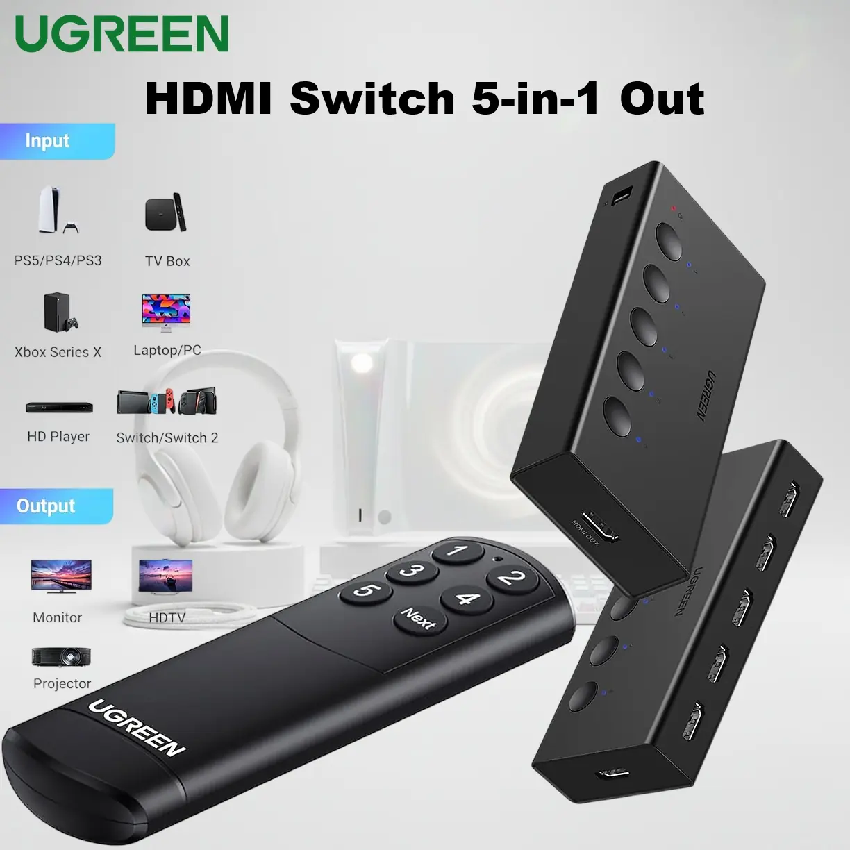 UGREEN-90512 UGREEN 90512 5 IN 1 OUT HDMI SWITCH UGREEN HDMI Switch 5-in-1 Out 4K@60Hz with Remote | HDMI 2.0 Splitter Selector Box | Supports HDR, 3D, CEC, HDCP2.2 | Compatible with PS5/PS4, Xbox, Switch, Roku, Fire Stick, TV, Laptop | 90512