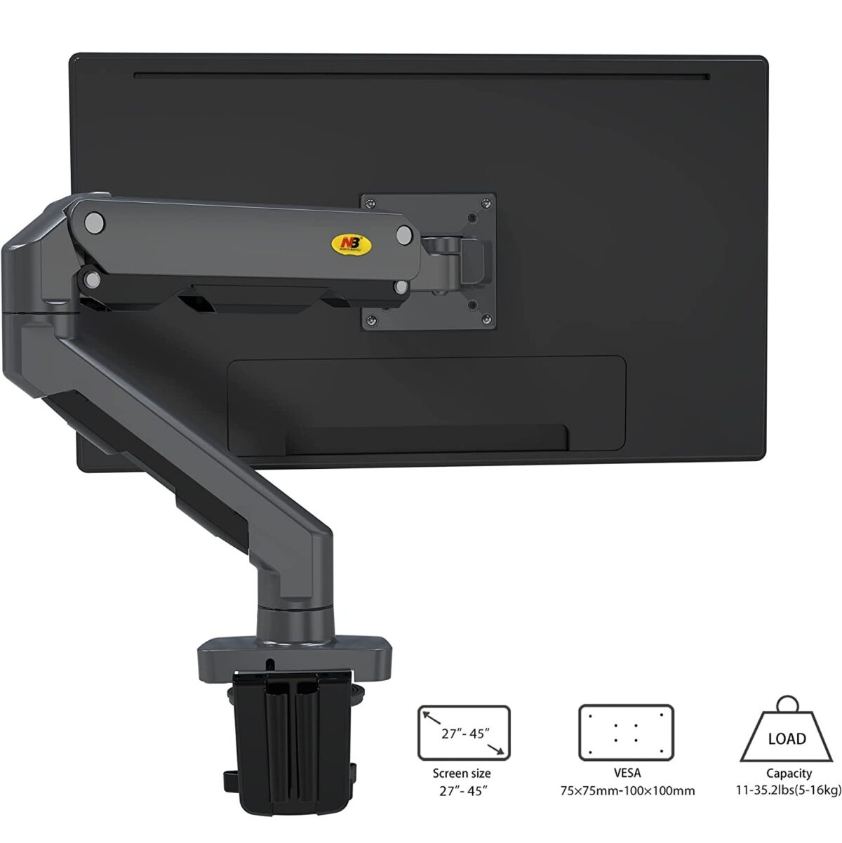 NB-G60 NB G60 Single Heavy Duty Monitor Arm Supports 27" to 45" NB North Bayou Heavy Duty Monitor Arm Desk Mount, Full Motion Stand for 27"-45" Big Screens, 11lbs-33lbs Weight Capacity, Gaming Monitor Stand G60 NB G60 Heavy Duty Adjustable Gas Spring Desk Mount Arm For 27″–45″ Monitors ; 16KG Max Load ; Full Motion 360° Rotation ; Ergonomic Design With Built-In USB Hub & Cable Management