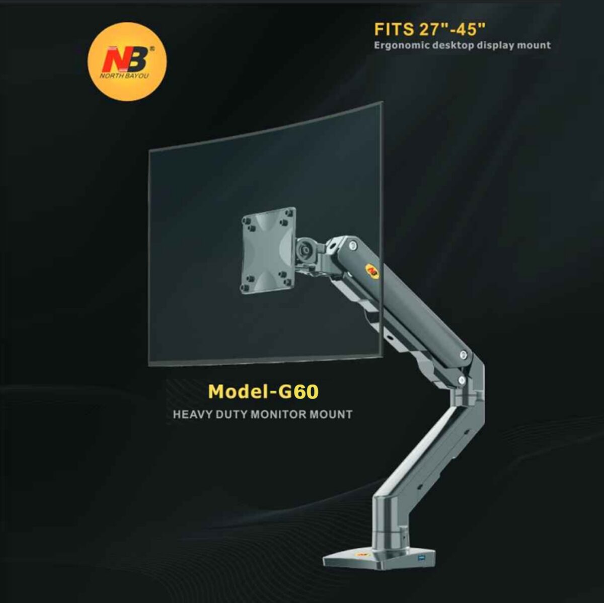 NB-G60 NB G60 Single Heavy Duty Monitor Arm Supports 27" to 45" NB North Bayou Heavy Duty Monitor Arm Desk Mount, Full Motion Stand for 27"-45" Big Screens, 11lbs-33lbs Weight Capacity, Gaming Monitor Stand G60 NB G60 Heavy Duty Adjustable Gas Spring Desk Mount Arm For 27″–45″ Monitors ; 16KG Max Load ; Full Motion 360° Rotation ; Ergonomic Design With Built-In USB Hub & Cable Management