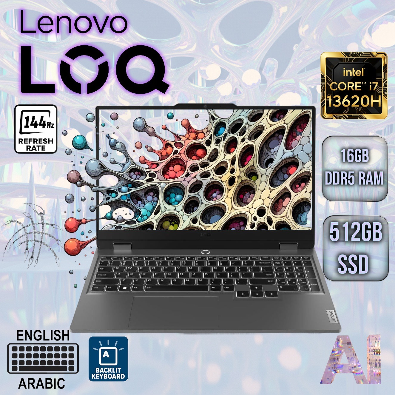 83DV01DKDP LENOVO LOQ 15IRX9 I7-13650HX 2.6G 16GB RAM/512GB SSD/RTX 3050/15.6" FHD/DOS-LUNA GREY Lenovo LOQ 15IRX9 AI-Powered PC :  Intel® Core i7-13650HX | 16GB RAM DDR5 ; 512GB SSD | RTX 3050 (6GB) | 15.6-inch FHD IPS 144Hz Display | White Backlit Keyboard Ara. /Eng. | DOS| Luna Grey