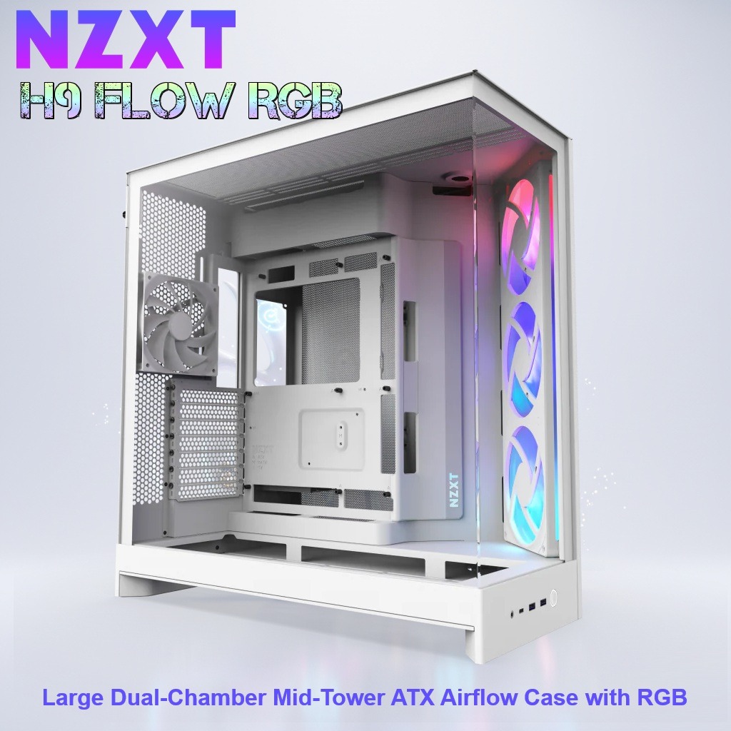 NZXT H9 Flow RGB (2025) Large Dual-Chamber Mid-Tower Computer Case/Gaming Cabinet - White | Support E-ATX, Micro-ATX, Mini-ITX | Included 4 Fans - CM-H92FW-R1