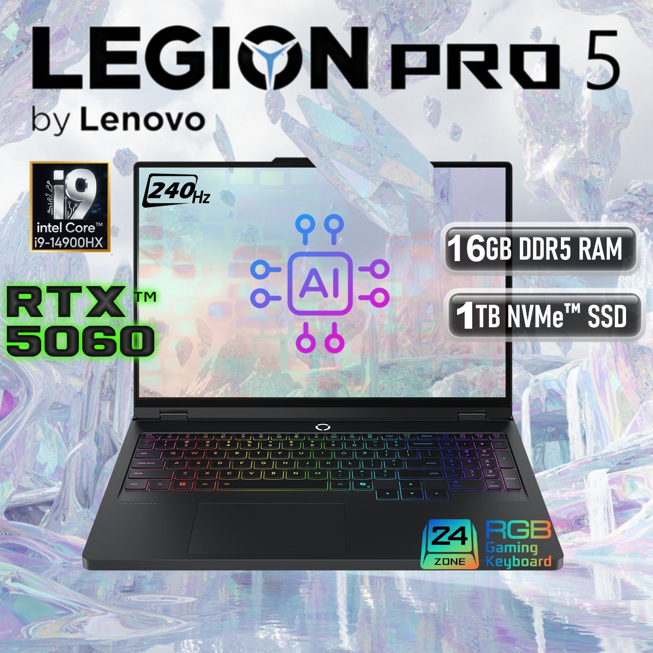 Lenovo Legion Pro 5 16IRX10 AI-Powered Gaming Laptop With Intel Core I9-14900HX, RTX 5060 8GB GDDR7, 16" 240Hz WQXGA HDR Display, 16GB DDR5, 1TB PCIe 4.0 SSD, 80Wh Battery
