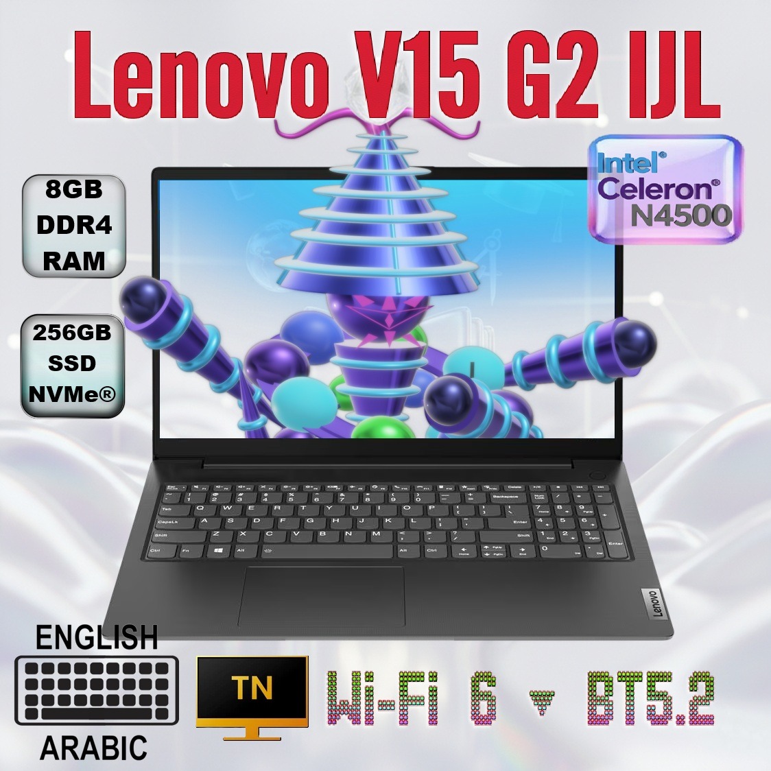 82QY00PEED LENOVO V15 G2 IJL CELERON N4500 8GB / 256GB / 15.6" / UHD / DOS BLACK Lenovo V15 G2 IJL 15.6" FHD Laptop – Intel Celeron N4500, 8GB DDR, 256GB PCIe SSD, UHD Graphics, Wi-Fi 6, RJ-45 Ethernet, Dolby Audio, 38Wh Battery, Arabic Keyboard