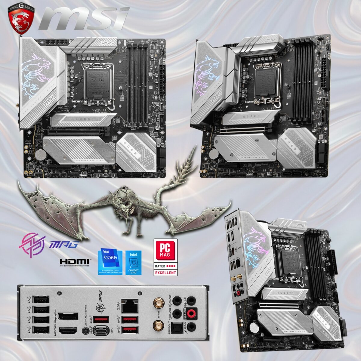 MSI B760M-EDGE-TI-WIFI MPG B760M EDGE TI WIFI MSI MPG B760M Edge Ti WiFi DDR5 mATX Motherboard – Intel 14th/13th/12th Gen, PCIe 5.0, 3x M.2 Gen4, Wi-Fi 6E, 2.5G LAN, DDR5 7800+(OC), Mystic Light RGB, Core Boost Power Design