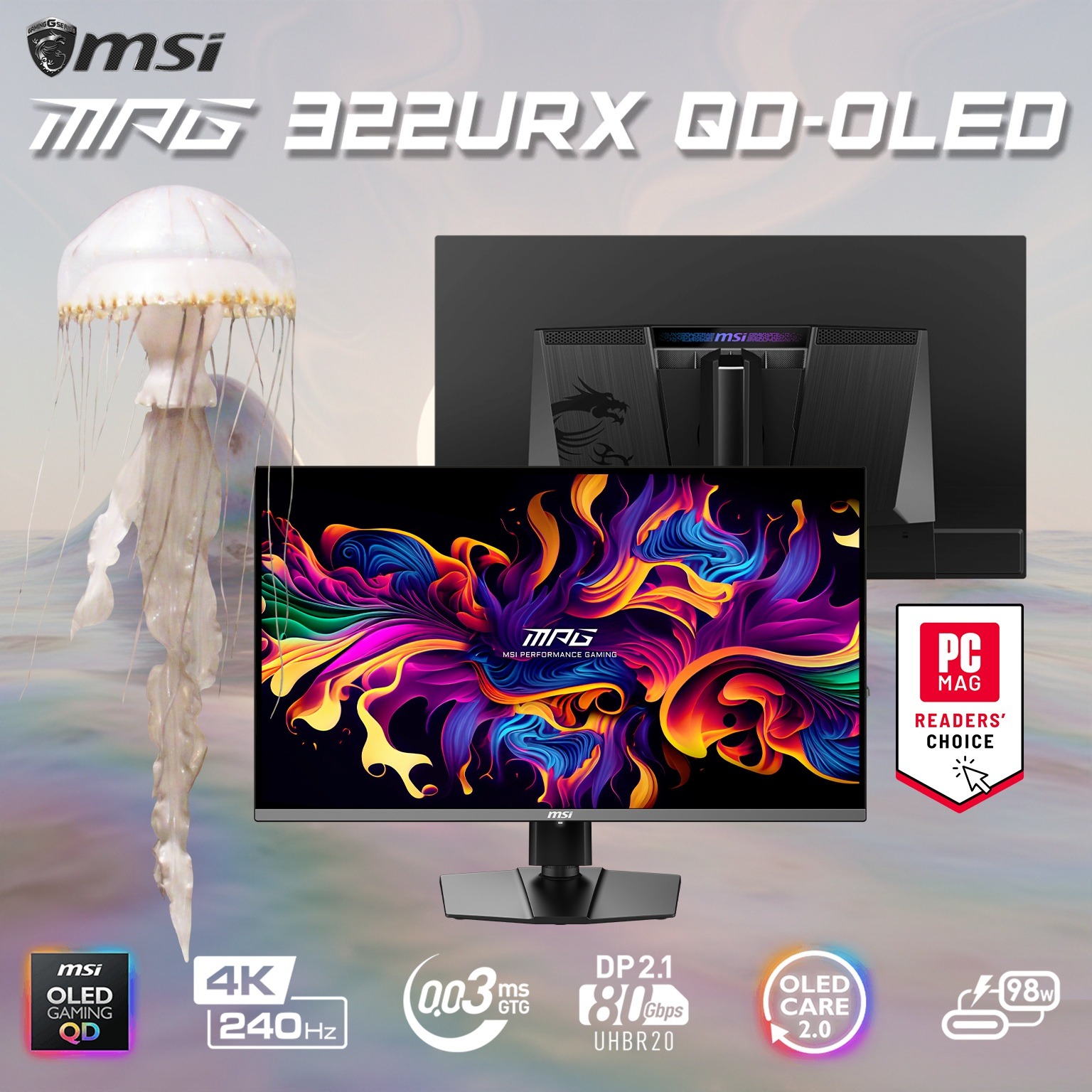 MPG 322URX QD-OLED MSI MPG 322URX QD-OLED MSI MPG 322URX QD-OLED 32-inch 4K UHD 240Hz Flat Gaming Monitor – QD-OLED Panel, 0.03ms GtG, DisplayHDR True Black 400, HDMI 2.1, DP 2.1a, OLED Care 2.0, Height & Pivot Adjustable