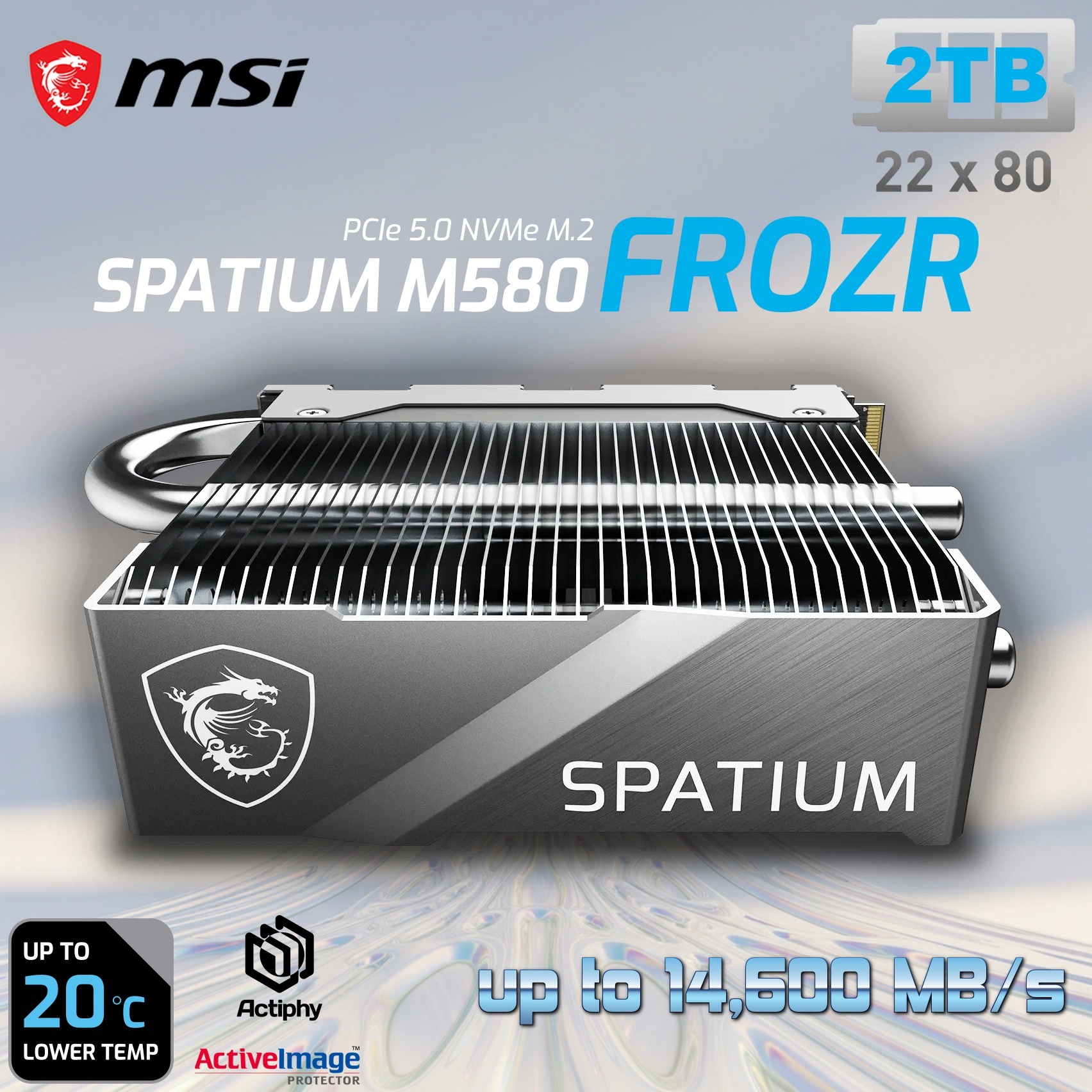 MSI-SPAT-M580-FRO-2T MSI SPATIUM M580 FROZR 2TB GEN5 PCIE 5.0 MSI SPATIUM M580 PCIe 5.0 NVMe M.2 2TB FROZR SSD With TOWERED FROZR HEATSINK & Core Pipes , PHISON E26 Controller, 14,600MB/s Read, 12,700MB/s Write, 4GB DRAM, 3D NAND, AES256 Encryption 