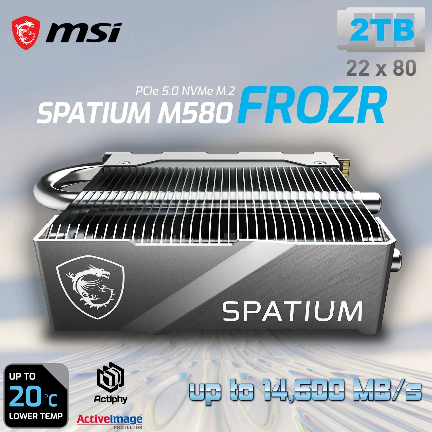 MSI-SPAT-M580-FRO-2T MSI SPATIUM M580 FROZR 2TB GEN5 PCIE 5.0 MSI SPATIUM M580 PCIe 5.0 NVMe M.2 2TB FROZR SSD With TOWERED FROZR HEATSINK & Core Pipes , PHISON E26 Controller, 14,600MB/s Read, 12,700MB/s Write, 4GB DRAM, 3D NAND, AES256 Encryption 