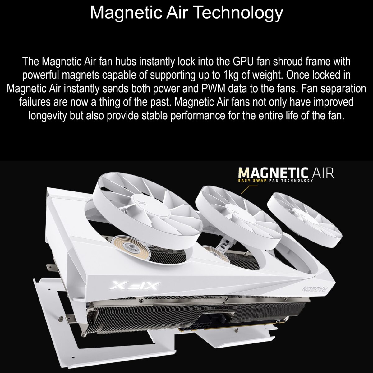 RX-97TMAQKW9 XFX QUICK SILVER AMD RADEON RX 9070XT WHIT MAG 16GB XFX Quicksilver AMD Radeon RX 9070 XT White Magnetic Air Edition – 16GB GDDR6 20Gbps, 2970MHz Boost, PCIe 5.0, 3-Fan Magnetic Air Cooling, DP2.1 HDMI2.1, RDNA 4 GPU | RX-97TMAQKW9