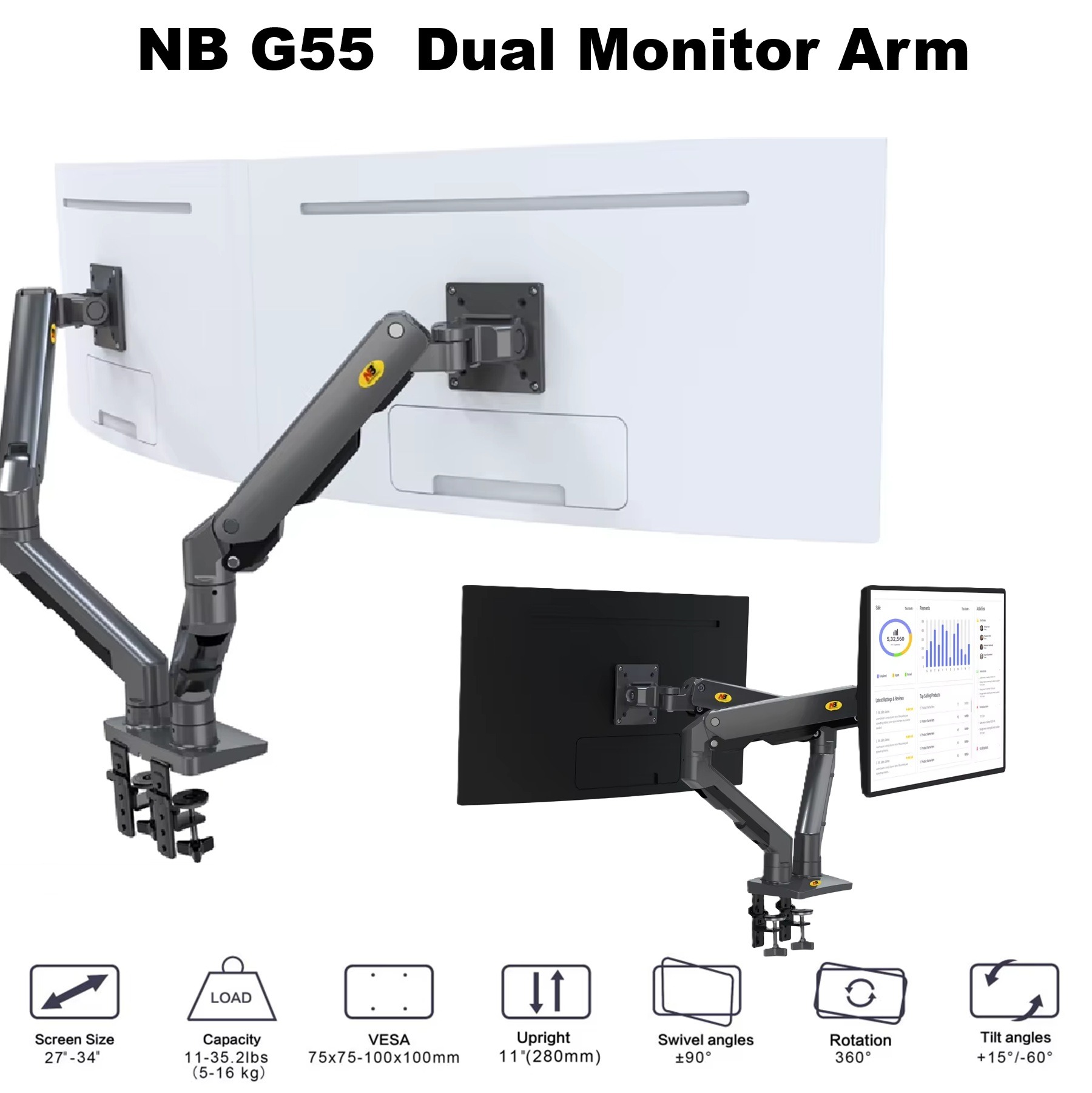 NB-H100-FP NB H100 FP Swivel 22-35" Monitor Monitor Desk Mount NB G55  Dual Monitor Arm For 27″–34″ Screens , 16KG Load Per Arm , Full Motion 360° Rotation, ±90° Swivel, +15°/-60° Tilt , Gas Spring Height Adjustment , C-Clamp & Grommet Mount With Cable Management 