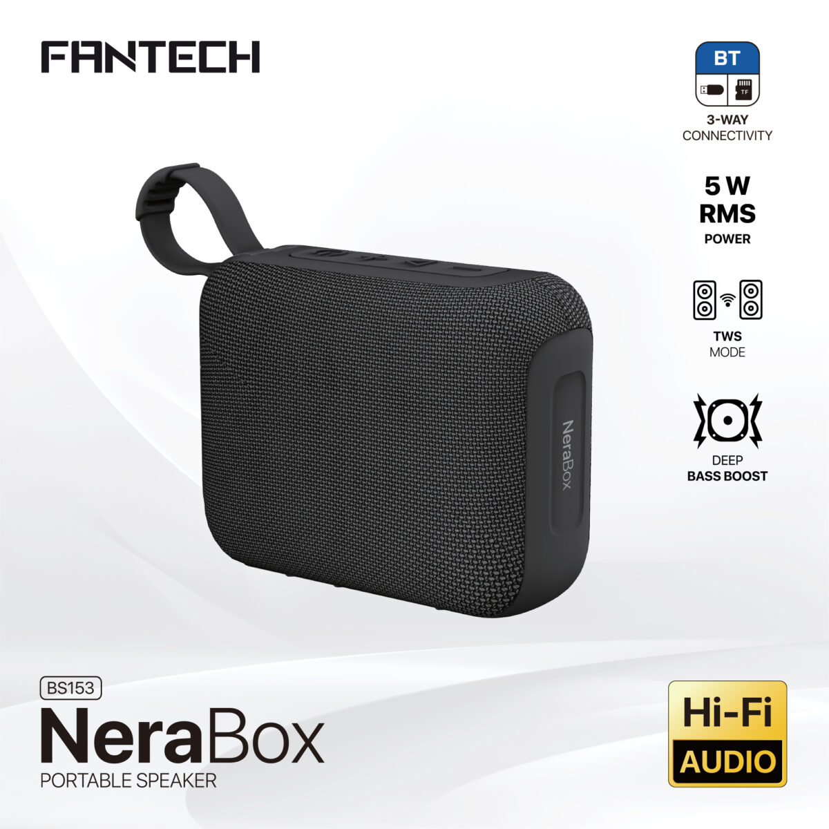 FANTECH-BS153-BLACK Fantech Nerabox Bs153 Wireless Speaker Bluetooth 5.4/5W Rms/Tws Mode/Usb & Tf Card Support Fantech NeraBox BS153 Portable Speaker With 3-Way Connectivity, TWS Stereo Mode, Deep Bass, 5W RMS Output, 1200mAh Battery, Passive Radiator, USB-C, TF Card, And USB Flash Drive Support | BLACK 